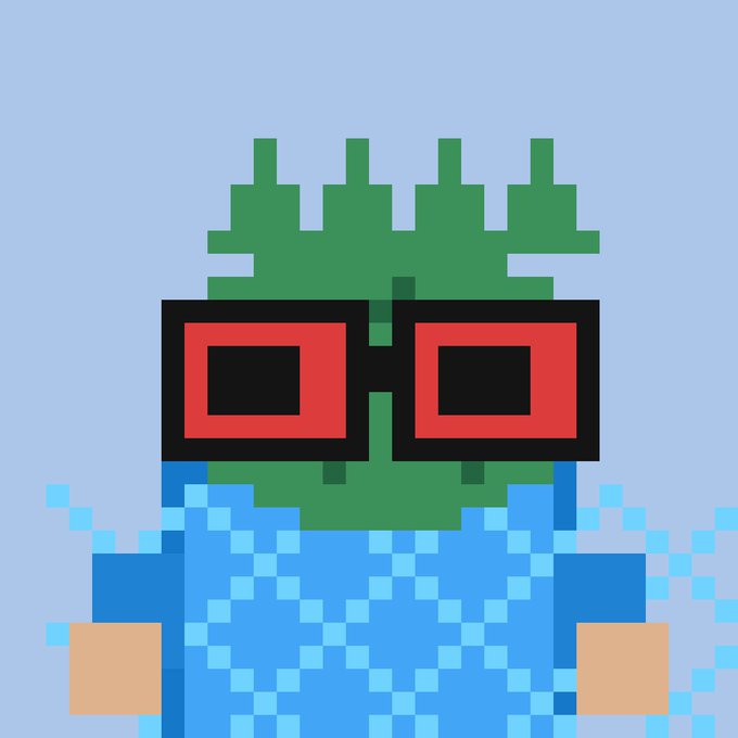 A pixel art character with green spiky hair, red and black square sunglasses, and a blue pixelated shirt, splashing in water against a light blue background.