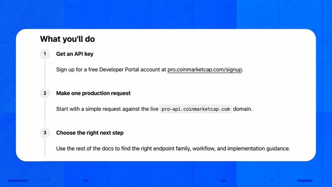 Instructional slide titled 'What you'll do' listing three steps: Get an API key (signing up at pro.coinmarketcap.com/signup), Make one production request against the pro-api.coinmarketcap.com domain, and Choose the right next step.
