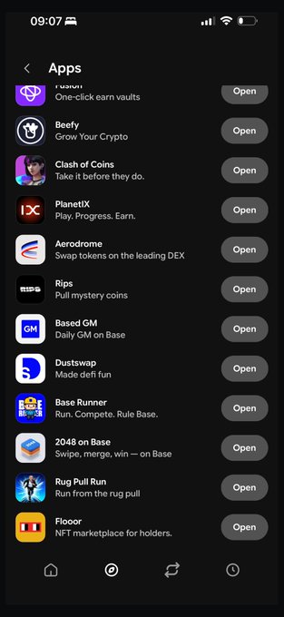 A mobile screenshot of the Base app's Apps section displays a list of 10 decentralized applications on the Base network, including Mantle, Beefy, Clash of Coins, PlanetiX, Aerodrome, Rips, Based GM, Dustswap, Base Runner, 2048 on Base, Rug Pull Run, and Flooor at the bottom, each with an "Open" button. The image supports the caption by showing Flooor.fun listed among the Base app's offerings, ranking it as part of the top 10 available apps.