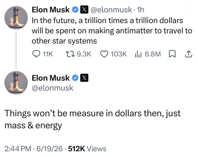 The image features a Twitter post by an individual named @ElonMusk. The post includes two tweets from him, one of which reads "In the future, a trillion dollars will be spent on making anti-matter to travel to other star systems." The second tweet is about Tesla and SpaceX, stating that they own a combined 30,000+ BTC. This implies that Elon Musk has invested in these companies, and he might have made a fortune from his investments.