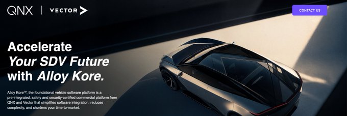 A promotional banner for QNX and Vector's "Alloy Kore" software platform, featuring the headline "Accelerate Your SDV Future with Alloy Kore" alongside an image of a sleek black sports car, with a "CONTACT US" button in the top right corner.