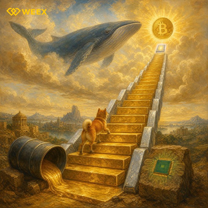 A surreal digital painting shows a Shiba Inu dog climbing golden stairs toward a glowing Bitcoin symbol, with a whale floating in the sky and a barrel of liquid spilling at the base; the 'WEEX' logo appears in the upper-left corner.