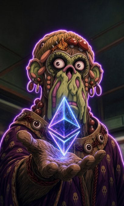 The image depicts a fantastical, green-skinned character with elaborate tribal headwear and a purple skull-patterned robe, holding a glowing blue Ethereum (ETH) logo diamond in their outstretched hand—visually symbolizing the post's admiration for the ETH maxi ethos celebrated by DCinvestor.