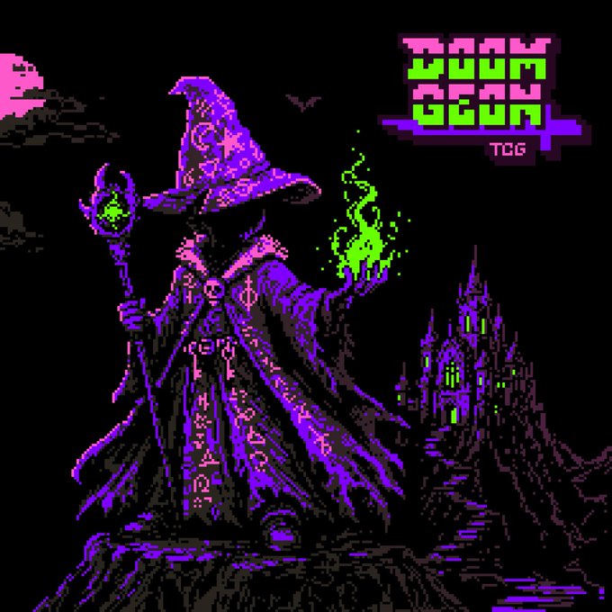 Pixel art depicting a purple-robed wizard holding a green staff and green flame, with a castle in the background and 'DOOM GEAR TCG' text.
