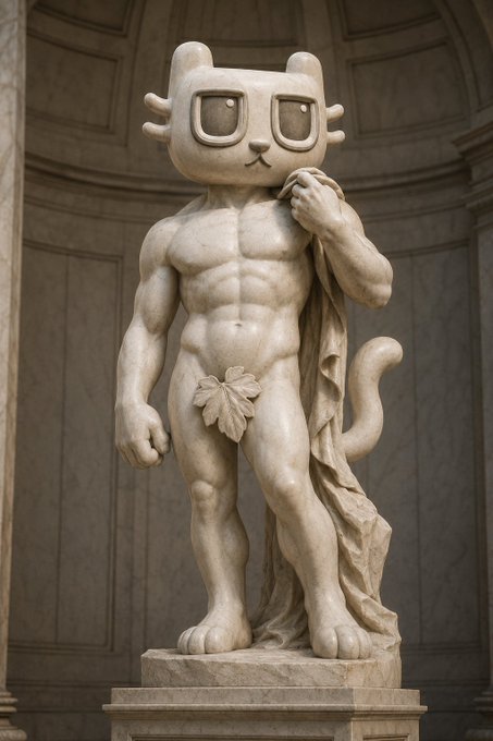 The image features a statue of a cat with glasses, which appears to be made out of stone or marble. The cat has its eyes open as if looking at something off-camera. The statue is located inside a building, possibly an art gallery or museum. The caption for the image reads "$BILLY CONTEST IS LIVE BILLY theme: The Cat That Never Dies 250,000 $BILLY up for grabs. Create your best original $BILLY content showing why Billy is immortal." This suggests that there might be a contest related to creating an original piece of art or writing about the statue and its significance.