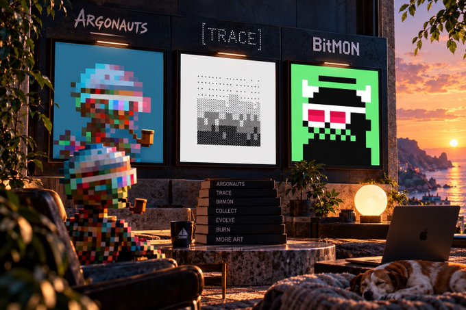 A stylized 3D digital scene showing framed pixel art pieces labeled 'ARGONAUTS', '[TRACE]', and 'BITMON' on a wall, with a pixelated figure, stacked books, and a laptop in the foreground against a sunset background.
