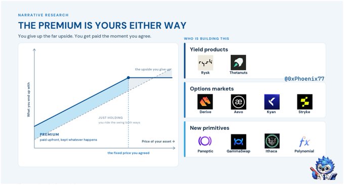 An infographic titled 'THE PREMIUM IS YOURS EITHER WAY' from 'NARRATIVE RESEARCH', showing a graph explaining premium options alongside logos for Yield products (Rysk, ThetaNuts), Options markets (Derive, Aevo, Kyan, Stryke), and New primitives (Panoptic, Gammaswap, Ithaca, Polynomial).