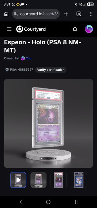 Screenshot of a Courtyard.io asset page showing a PSA 8 graded 'Espeon - Holo' Pokémon card (PSA: 48885557) owned by the user.