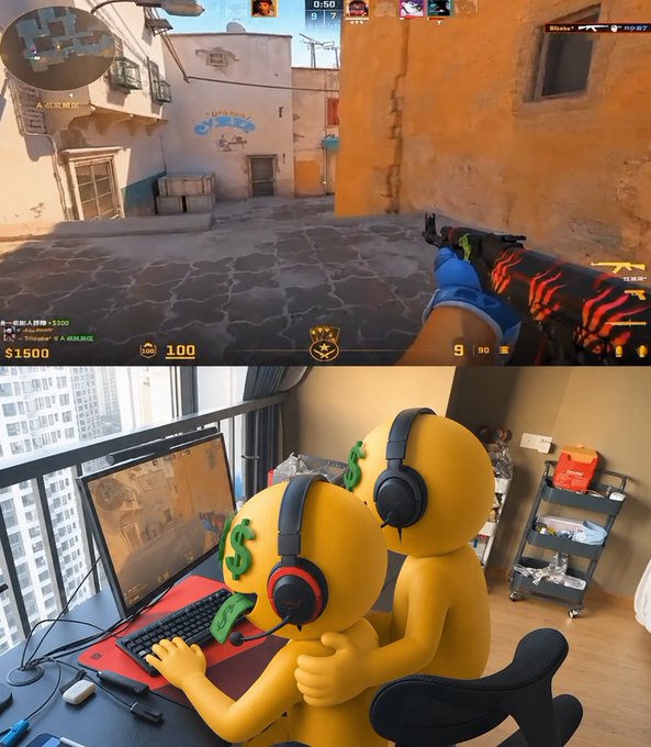 A split image showing gameplay of CS:GO with red tiger-striped gloves on top, and a real-life setup below featuring two yellow cartoon figures wearing headphones playing the game at a computer.
