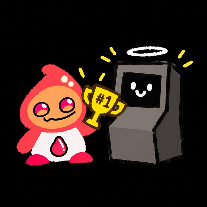 A digital illustration on a black background shows a cute, red-hooded mascot character holding a gold '#1' trophy, standing next to a retro arcade cabinet with a halo and a smiling face displayed on its screen.