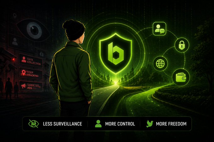 The image shows a person in a beanie and jacket facing a glowing green shield with a hexagonal "b" logo, symbolizing privacy protection against surveillance elements like "DATA COLLECTION," "USER TRACKING," and "TARGETED ADS" shown on the left, with connected icons on the right representing user profiles, security, global access, and a wallet—reinforcing the message of "Less Surveillance, More Control, More Freedom" for the privacy-focused cryptocurrency Beldex (BDX).