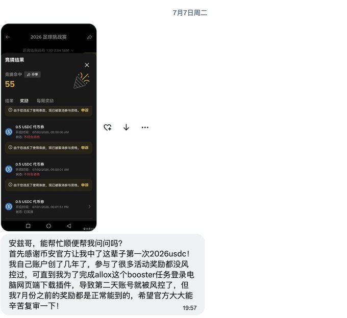 The image shows a Binance app screenshot displaying a "竞猜结果" (Betting Results) page for the 2026 World Cup, with a claim score of 55 and three pending 0.5 USDC rewards from July 2026, alongside a user message thanking Binance for their first 2026 USDC reward but complaining about being flagged by risk control after using the "booster" task. The post relates to the image by highlighting the friend's similar experience of failing to receive rewards due to Binance's risk control measures despite normal activity before July.