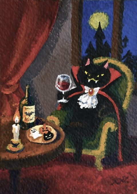 A whimsical painting of a black vampire cat in a red cape holding red wine, seated next to a table with cookies, wine bottle, and a lit candle, with a moonlit night scene visible through the window.