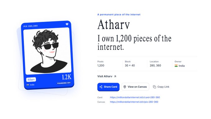A screenshot from milliondollarinternet.lol shows a digital profile card for "Atharv" claiming ownership of 1,200 pixels at coordinates 280,360 (Block 30 × 40), featuring a cartoon avatar and a "Visit Atharv" button to share the card. The interface confirms the user's claim of owning these permanent pixels of internet history.