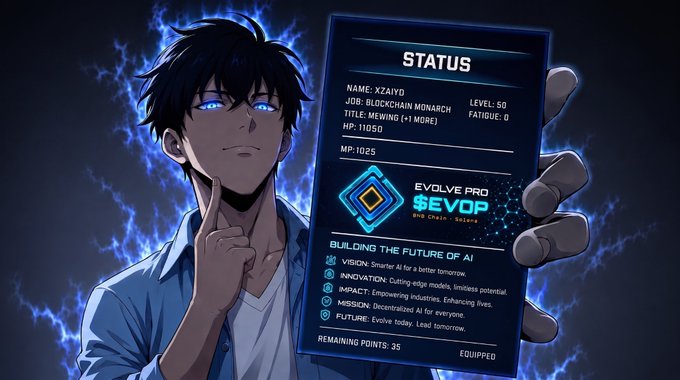 An anime-style character with glowing blue eyes holds up a holographic "STATUS" screen branded with "EVOLVE PRO $EVOP" on the "BNB Chain," displaying Level 50 stats like HP 11050 and MP 1025 along with core values such as Vision, Innovation, Impact, Mission, and Future—visually mirroring the post's description of EVOP's transformation from "Evolve" to a BNB Chain token and its mission to turn real-world assets into tradable, on-chain utilities.