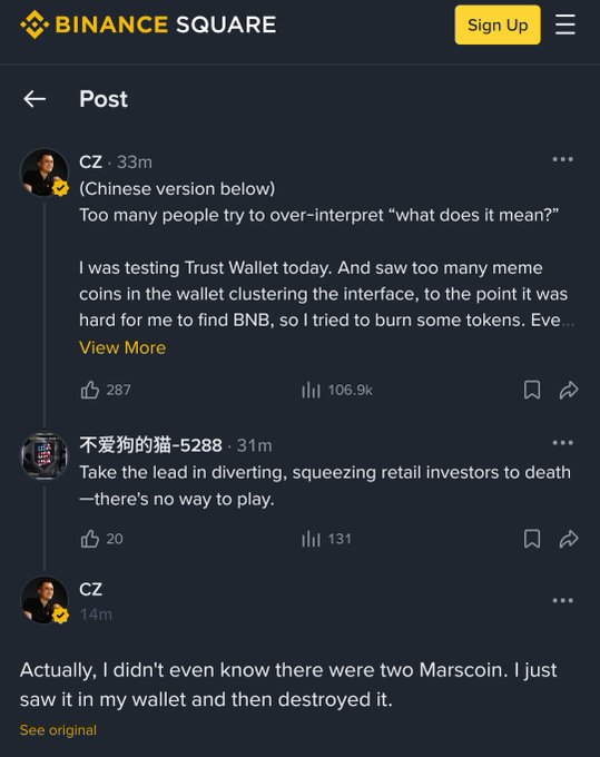 A screenshot of Binance Square showing CZ's post about testing Trust Wallet and burning meme tokens, with 287 likes and 106.9k views.