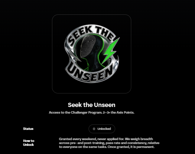 An in-game reward notification for a badge called 'Seek the Unseen,' featuring a silver medal with a green lightning bolt and text explaining it grants access to the Challenger Program for 2-3x Axis Points, with an 'Unlocked' status indicator.