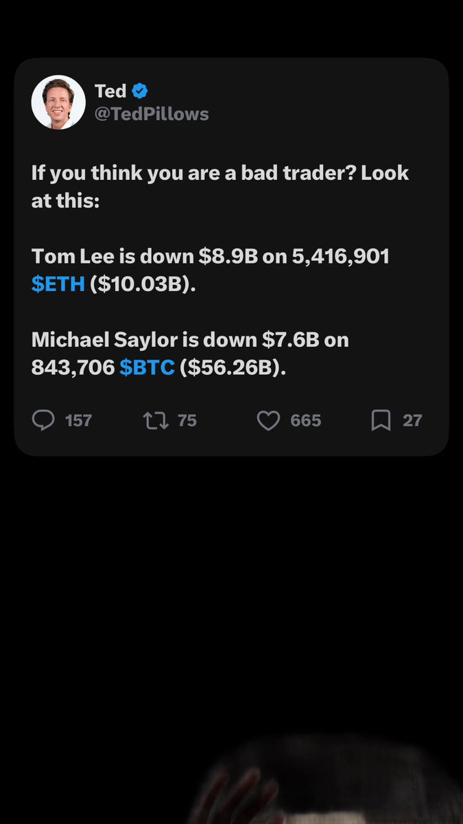 The image shows a text overlay on an electronic display screen, accompanied by a logo for Ted Piller's Twitter account @tedpillows. The text promotes a discussion about Bitcoin trading strategies between two individuals - Mr. Thomas Lee (down $8.9 Billion) and Mr. Mike Saylor (down $7.68 Billion).