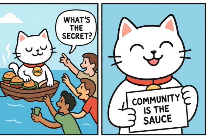 A two-panel cartoon meme featuring a 'SHIB' cat serving burgers from a boat to people asking 'WHAT'S THE SECRET?', while the cat holds a sign saying 'COMMUNITY IS THE SAUCE'.