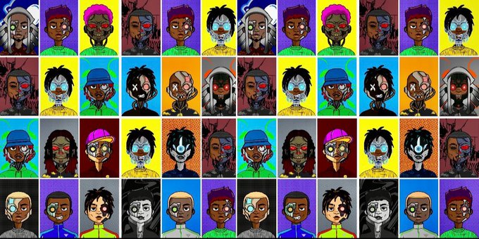A grid of 40 stylized, colorful cartoon character portraits with varied hair colors, cybernetic features, and accessories, showcasing the diverse collection of 10,000 In_Time Playable Character NFTs ready for minting.