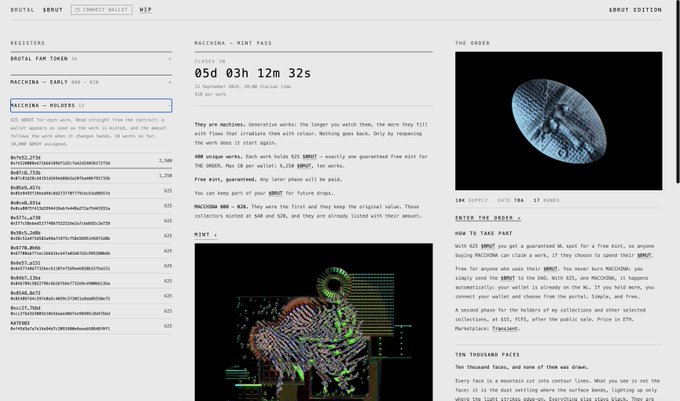 A screenshot of the 'Brutalist Sbrut' NFT mint pass webpage showing a 05d 03h 12m 32s countdown timer, mint information, and a 3D wireframe sculpture image.