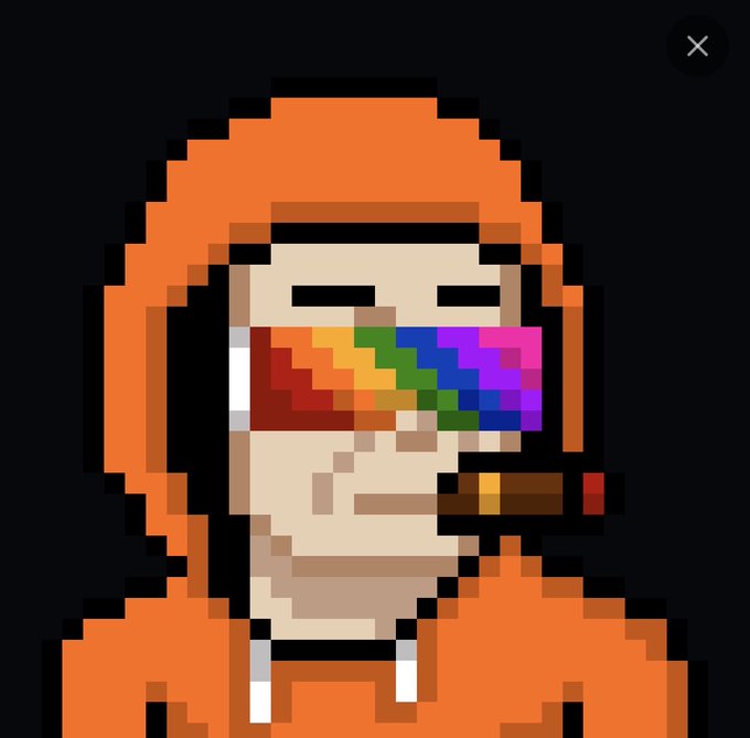 Pixel art avatar of a person wearing an orange hoodie with rainbow pixelated sunglasses and a cigar in their mouth.