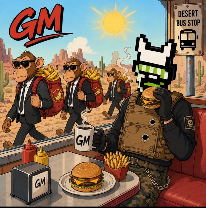 A cartoon illustration featuring 'GM' branding shows monkeys in suits carrying bananas at a desert bus stop, while a pixelated character in tactical gear sits at a diner booth with a burger and a 'GM' coffee mug.