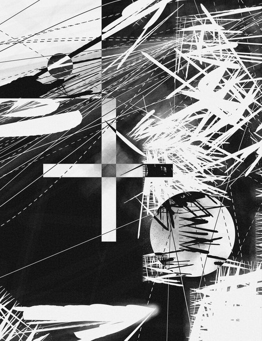 An abstract black-and-white composition featuring chaotic intersecting lines, geometric shapes, and a prominent white cross in the center.