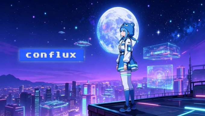 The image features a woman standing on top of a building with a city skyline in the background. The sky above them has a purple hue, giving the scene an otherworldly feel. In the foreground, there are two UFOs flying close together, adding to the futuristic atmosphere. The text "Conflux" is prominently displayed at the bottom of the image, indicating that this is part of a Conflux Monthly Progress Report or a promotional piece for Conflux.