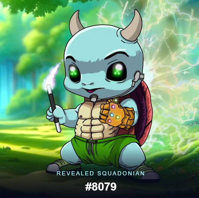 A cartoonish character labeled "REVEALED SQUADONIAN #8079" depicted as a blue turtle-like creature with horns, holding a paintbrush, wearing green shorts, and a colorful shell.
