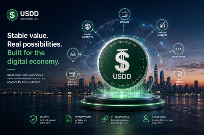 A promotional graphic for USDD (Decentralized USD) with the tagline 'Stable value. Real possibilities. Built for the digital economy,' featuring a glowing green coin surrounded by ecosystem icons like Wallets, Global Payments, and DeFi.