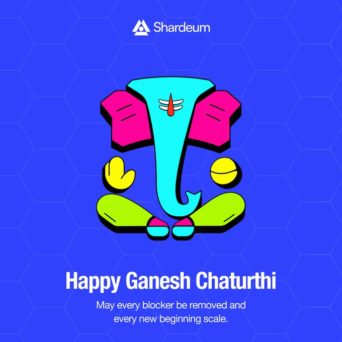 A festive Ganesh Chaturthi greeting from Shardeum features a colorful illustration of Lord Ganesha seated with his iconic elephant trunk against a blue hexagonal background, with the message "Happy Ganesh Chaturthi — May every blocker be removed and every new beginning scale." The playful design and well-wishes complement the post's celebration of Ganeshotsav, modaks, and blessings.