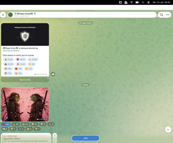 A screenshot of a WhatsApp channel called '🐸 Pepe Portal 🐸' with 32,541 subscribers, showing a Safeguard Human Verification, the 07 April 2023 date, and a meme image of two Teenage Mutant Ninja Turtles in pink with '33 31' likes.