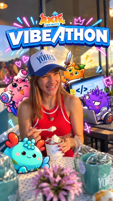 A promotional image for 'Axie Infinity Vibeathon' featuring a woman in a Yohei Yogurt Merchant cap eating ice cream, surrounded by colorful Axie game characters and neon graphics.