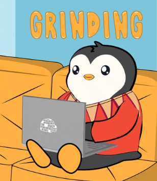 A cartoon illustration of a penguin in a red sweater sitting on a couch and using a laptop with a disco ball sticker, with the word 'GRINDING' displayed at the top.