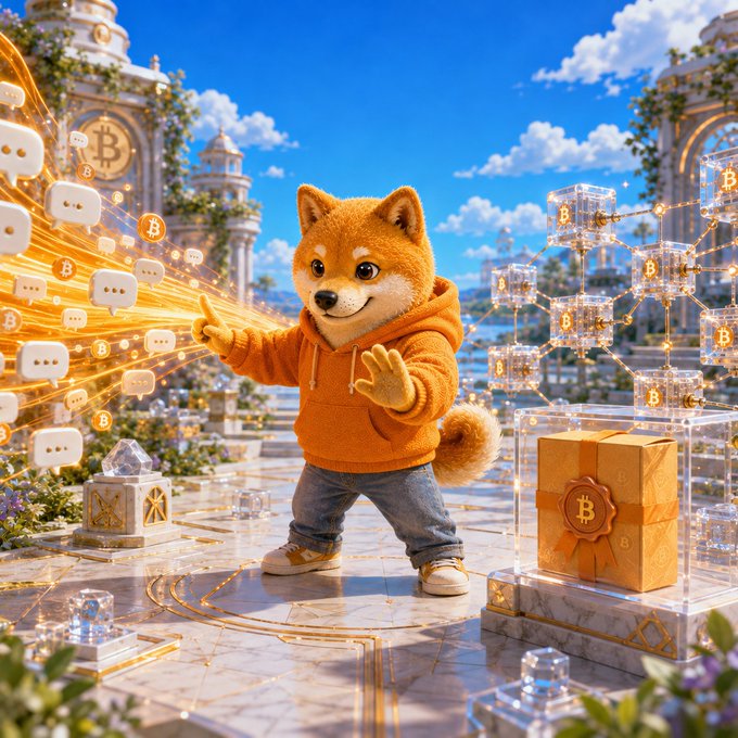 A 3D rendered Shiba Inu dog wearing an orange hoodie and jeans, standing in an ornate digital cityscape with floating Bitcoin symbols and message bubbles.