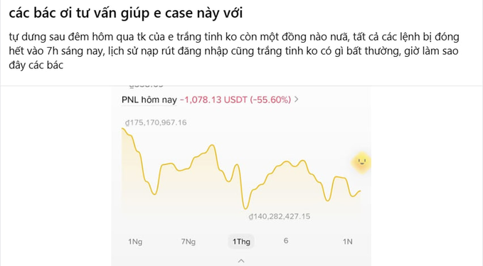 The screenshot shows a trading account statement displaying a massive PNL loss of -1,078.13 USDT (-55.60%), with the portfolio value dropping from đ175,170,967.16 to đ140,282,427.15 over a one-month period, illustrating the dramatic overnight wipeout the user describes in their post.