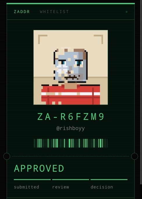A digital whitelist approval screen featuring a pixel art character with white hair and beard, labeled 'ZA-R6FZM9' by @rishboyy, with an 'APPROVED' status and a barcode.