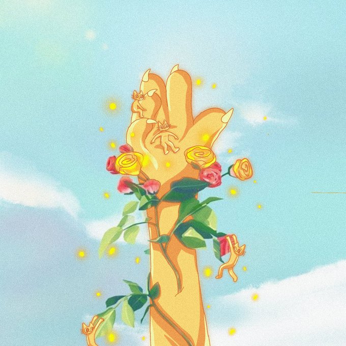 A glowing golden hand emerges from a soft blue sky, holding a bouquet of pink and yellow roses with small kittens nestled among the petals. The whimsical, dreamy imagery pairs with the caption "gcets" as an artistic, abstract post likely celebrating small, cute, or sentimental things.