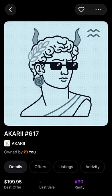 A screenshot of an NFT marketplace displaying 'AKARII #617' featuring a pixel-art bust of a horned figure with sunglasses and a laurel wreath, listed at $199.95 with a rarity of #90.
