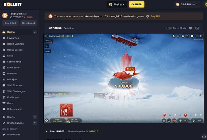 The image shows a Rollbit online casino screenshot displaying an "Ice Fishing" Evolution game with a winning multiplier of "120x" and a payout of "$30,000," matching the post about the user's lucky $250-to-$30,000 win from the risky fishing bet.