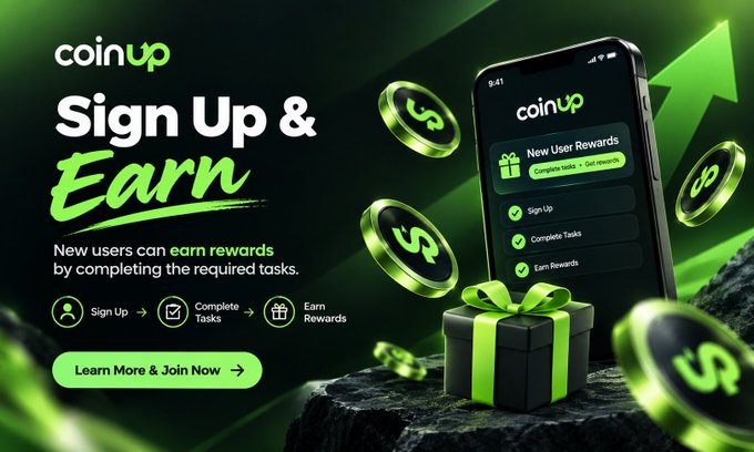 A promotional advertisement for CoinUp featuring the text 'Sign Up & Earn,' showing a smartphone displaying 'New User Rewards' alongside a gift box and coins on a rocky surface.