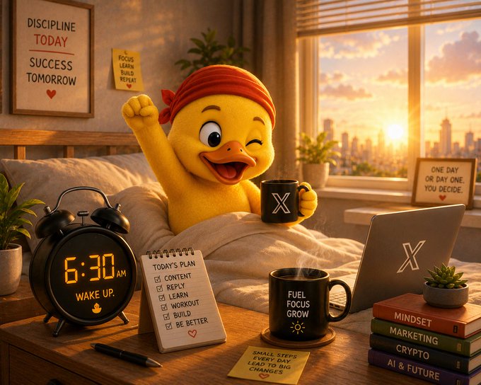 A cartoon yellow duck wearing a red bandana sits in bed at sunrise holding a mug marked 'X', with a digital clock showing '6:30 AM', a laptop, motivational notes including 'DISCIPLINE TODAY SUCCESS TOMORROW', and books labeled 'MINDSET', 'MARKETING', 'CRYPTO', and 'AI & FUTURE'.