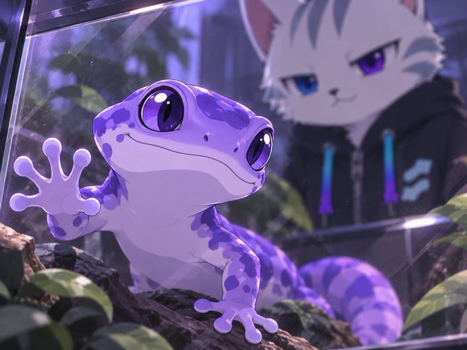 An anime-style illustration shows a cute purple frog-like creature waving from inside a glass enclosure, while a white anthropomorphic cat character with purple eyes watches from outside.