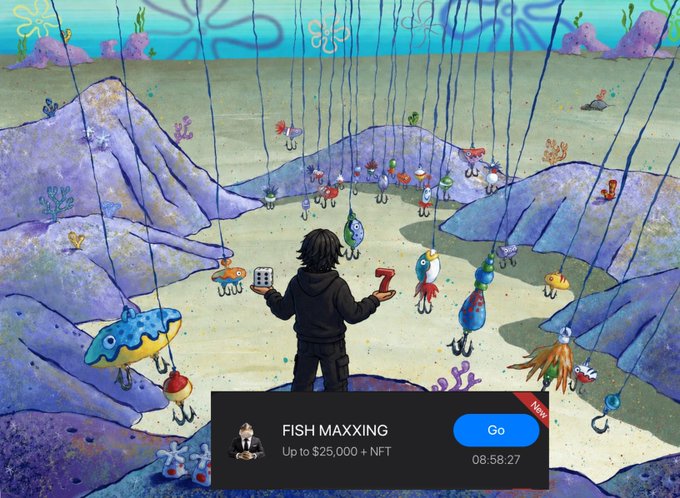 A screenshot from a SpongeBob SquarePants video game mod called 'Fish Maxxing' showing a player character surrounded by numerous fish bobbers in an underwater scene.