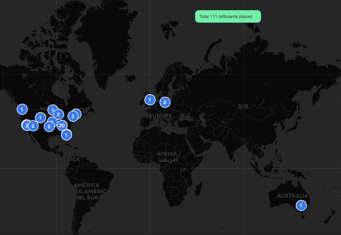 World map showing the locations of 111 placed billboards, with clusters of numbered pins in North America, Europe, and one in Australia.