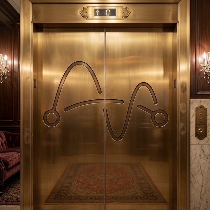 An ornate golden elevator with a stylized heart-line wave design on its doors, set in an elegant hallway with chandeliers, a red rug reflection, and marble walls.