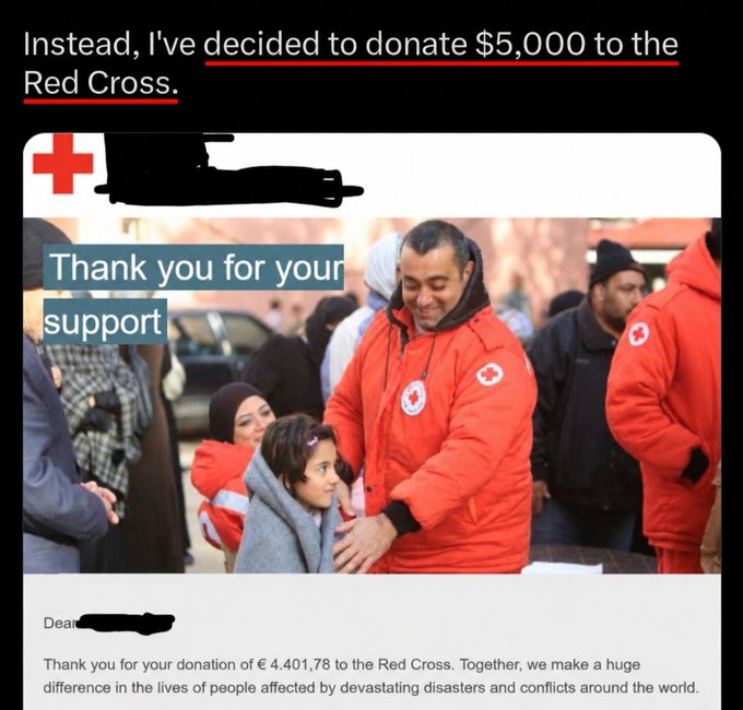 The image shows a screenshot of a donation confirmation from the Red Cross, with text stating a $5,000 donation was made and the receipt showing an actual donation of €4,401.78, thanking the donor for their support.

The image serves as evidence supporting the claim that the $5,000 was donated to the Red Cross, directly backing up "car's" response to the Polymarket accusations mentioned in the post.