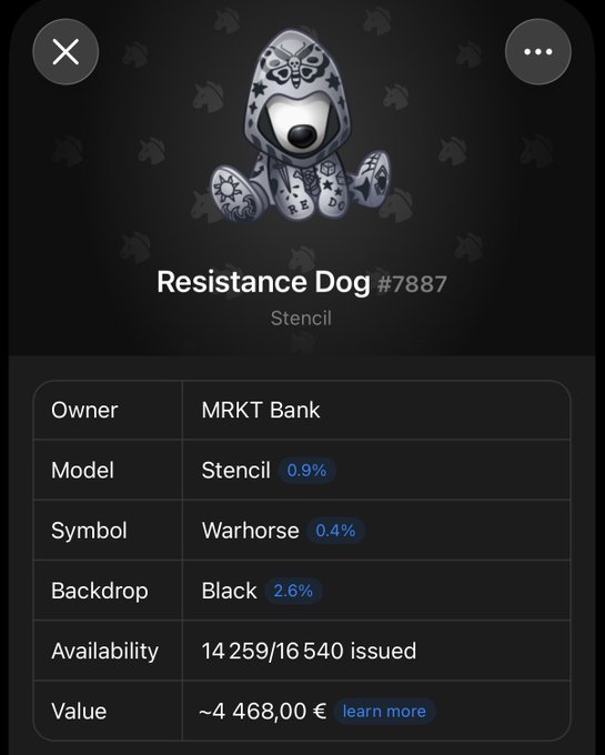 A digital collectible details screen showing "Resistance Dog #7887" with model "Stencil" (0.9%), symbol "Warhorse" (0.4%), owned by MRKT Bank, valued at approximately €4,468.00 with 14,259/16,540 issued.