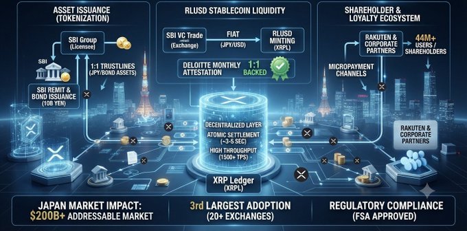 The image illustrates the SBI-Ripple (XRPL) financial infrastructure in Japan, highlighting three interconnected pillars: **Asset Issuance/Tokenization** (SBI Group licensing 1:1 trustless JPY/Bond assets), **RLUSD Stablecoin Liquidity** (backed 1:1 with FIAT and attested by Deloitte), and **Shareholder & Loyalty Ecosystem** (Rakuten's 44M+ users). Key metrics shown include atomic settlement of ~5 seconds, 1500+ TPS throughput, a $200B+ addressable Japan market, and FSA regulatory approval across 20+ exchanges, all built on the XRPL decentralized ledger.
